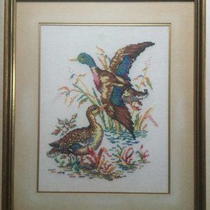 Vintage T.eaton Co wall art cross stich needlepoint embroidery framed two ducks